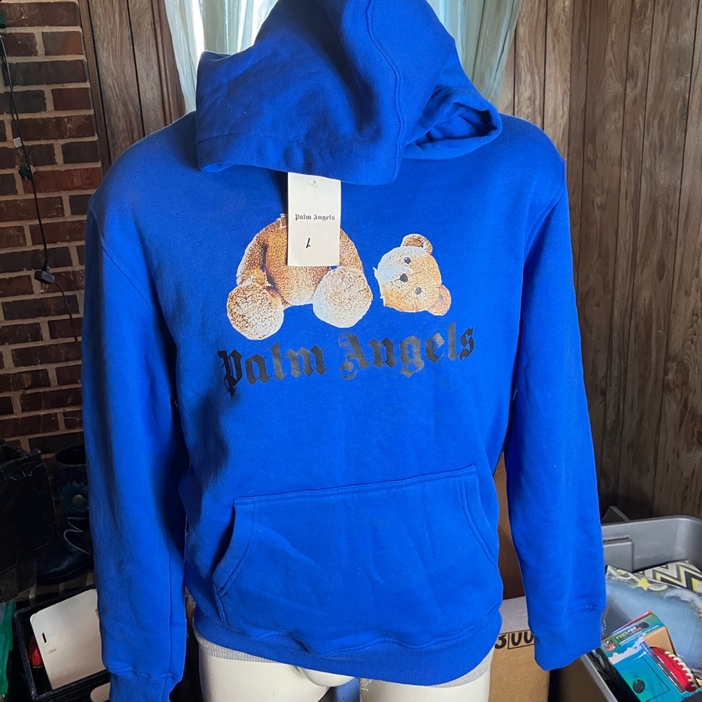 Palm Angels Blue Hoodie with Bear Graphic L